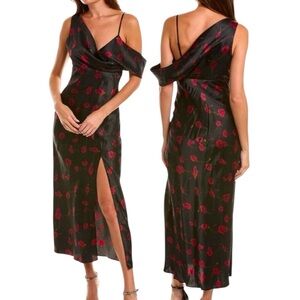 NWT NICHOLAS Finley Silk Black Floral Print Draped Off Shoulder Maxi Dress - 8